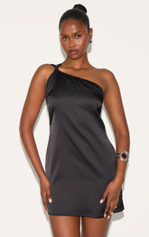 Black Satin One Shoulder Tie Back Mini Dress