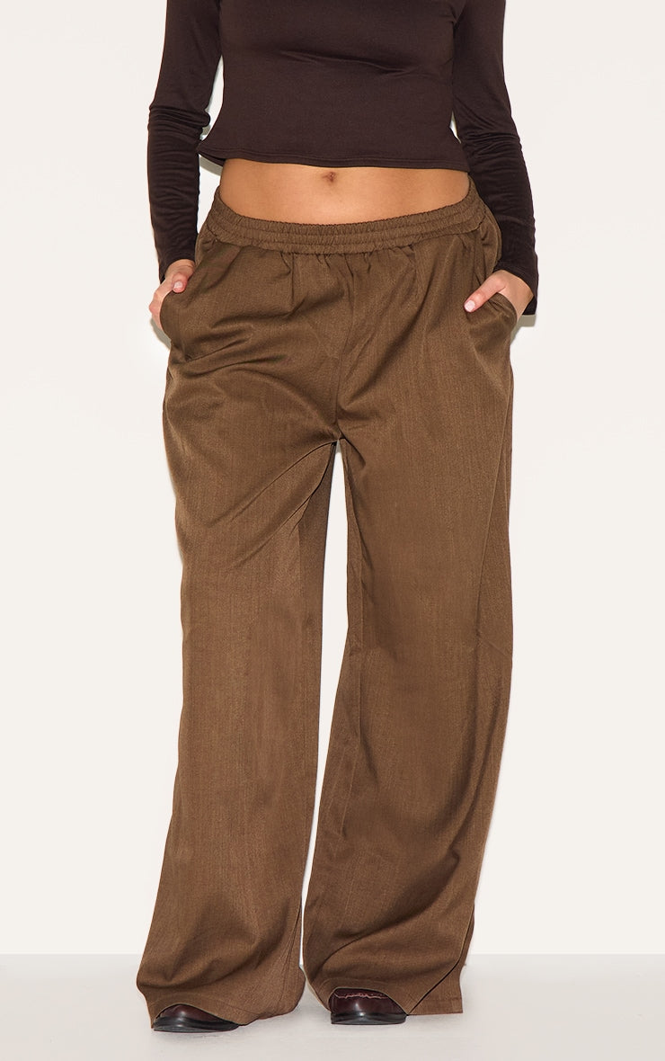 Plus Chocolate Woven Elasticated Waist Wide Leg Trousers