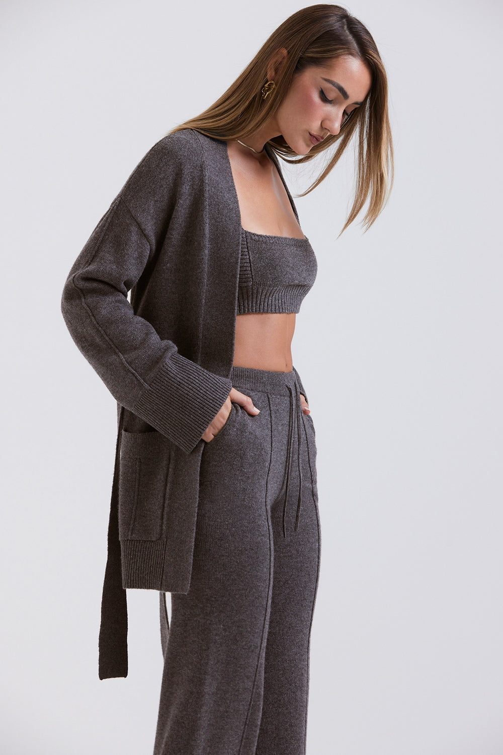 Charcoal cashmere blend belted cardigan