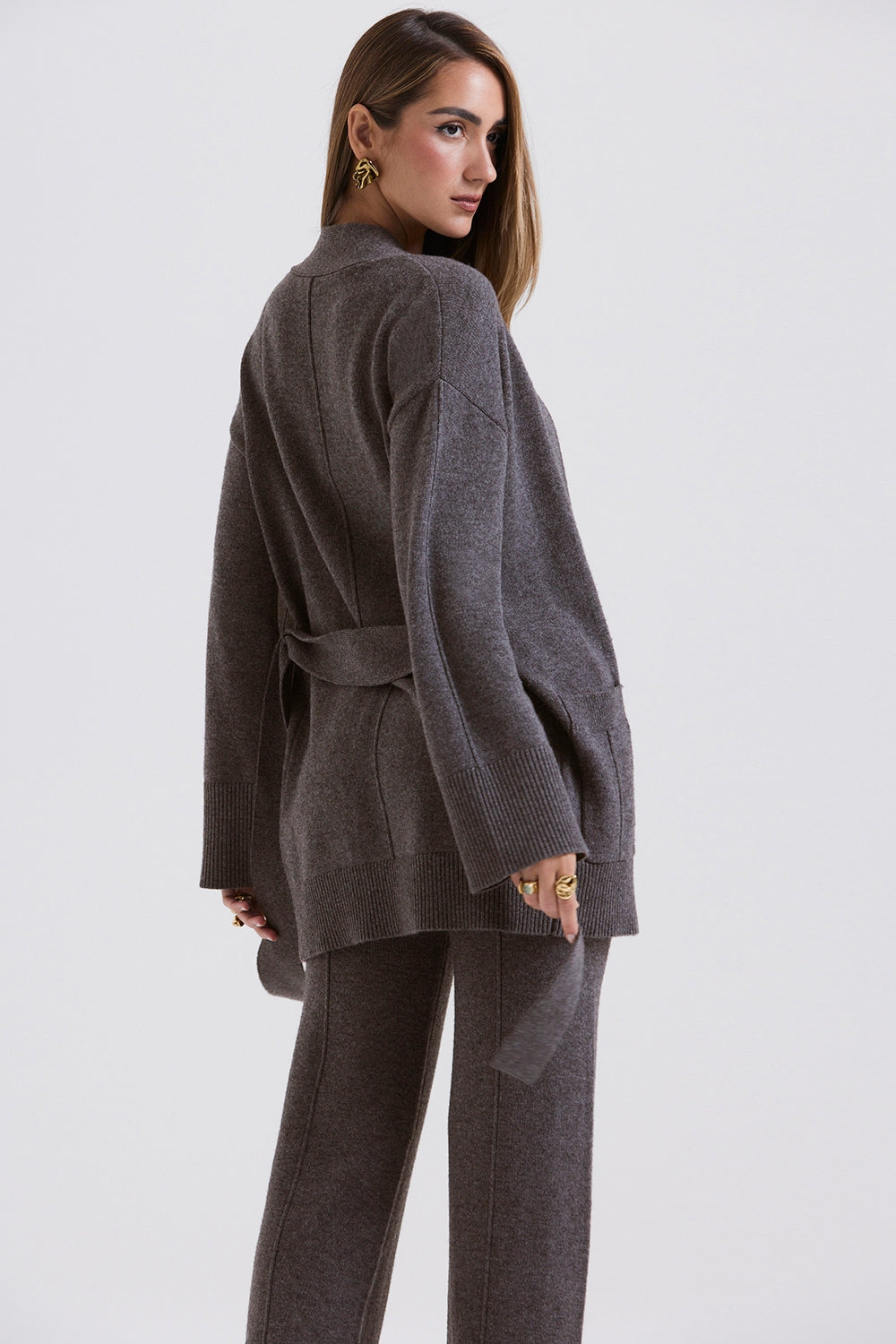 Charcoal cashmere blend belted cardigan