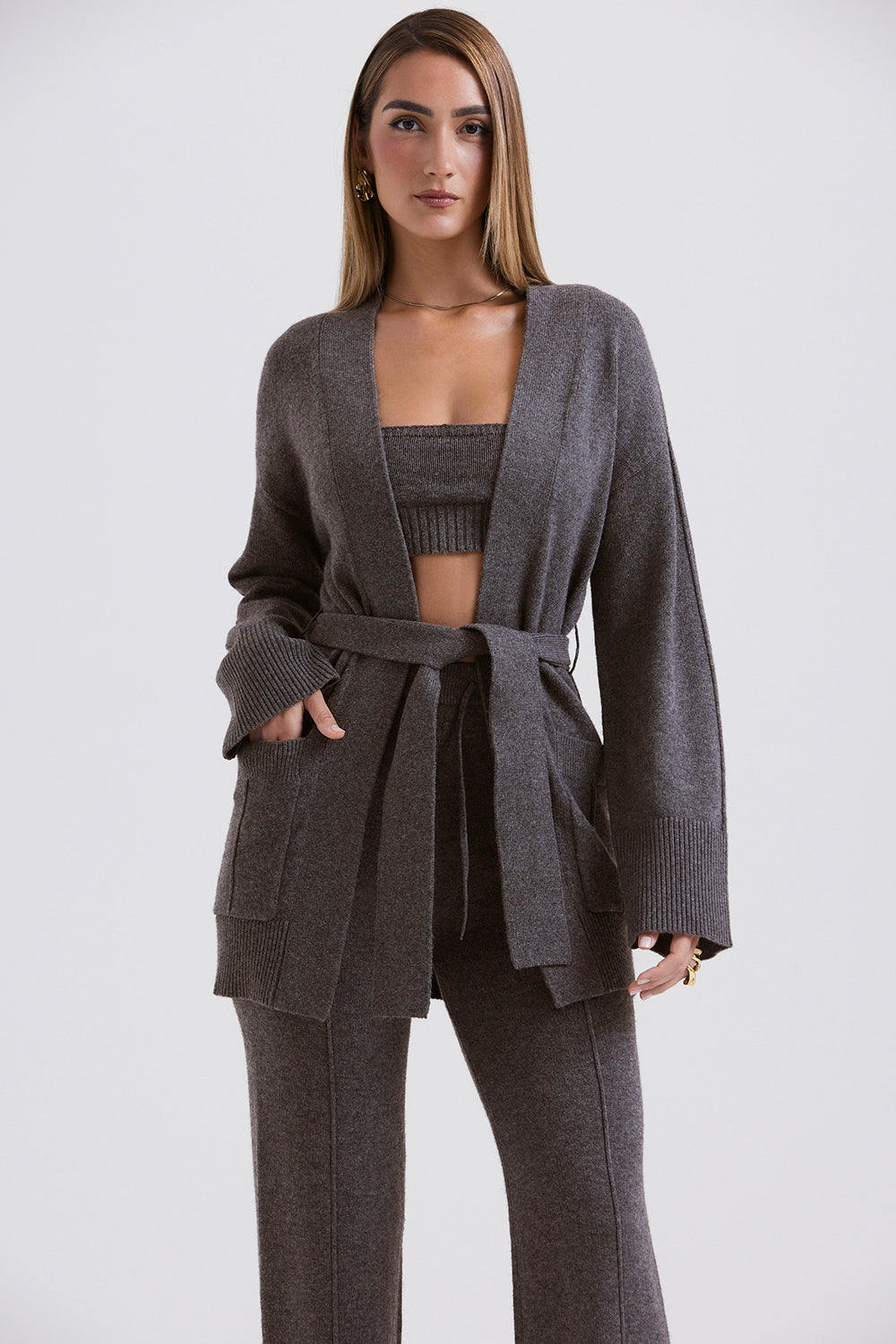 Charcoal cashmere blend belted cardigan