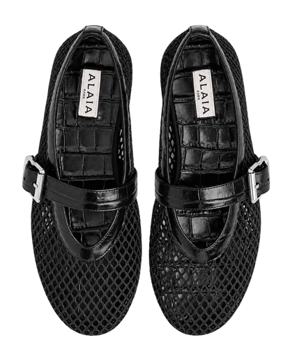 Alaïa Croc-Embossed Leather Mesh Ballet Flats