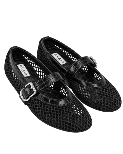 Alaïa Croc-Embossed Leather Mesh Ballet Flats