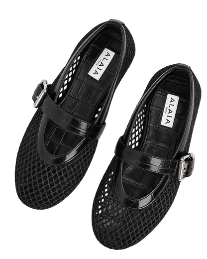 Alaïa Croc-Embossed Leather Mesh Ballet Flats