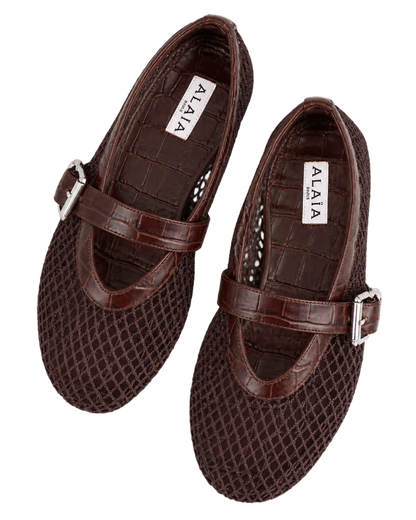 Alaïa Croc-Embossed Leather Mesh Ballet Flats