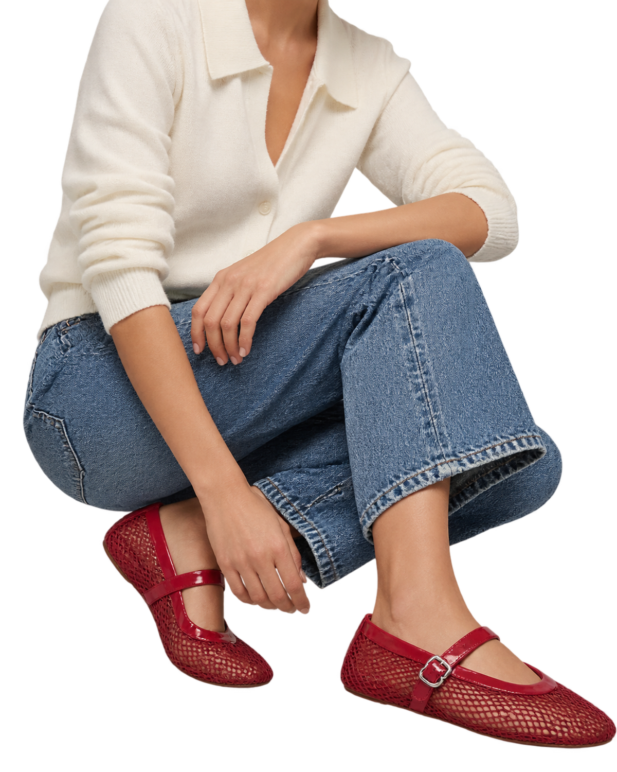 Alaïa Leather-trimmed fishnet Mary Jane flats