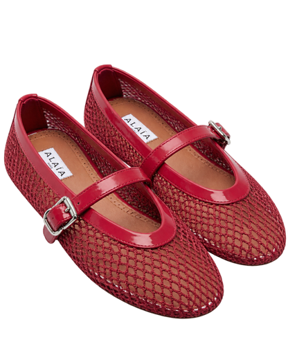 Alaïa Leather-trimmed fishnet Mary Jane flats
