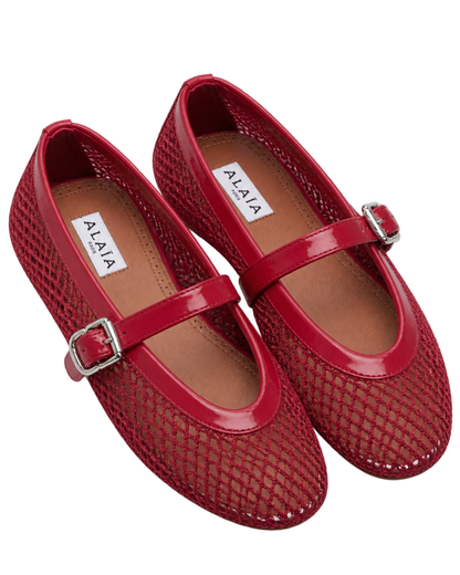Alaïa Leather-trimmed fishnet Mary Jane flats
