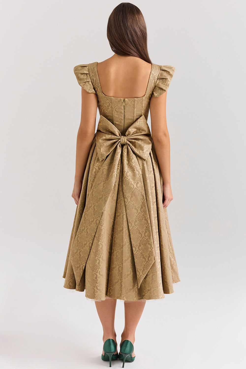 Gold jacquard midi dress with detachable bow