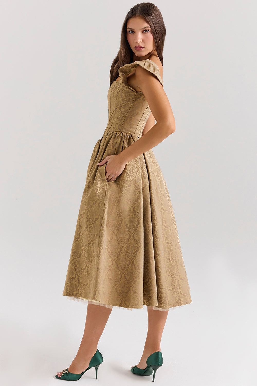 Gold jacquard midi dress with detachable bow