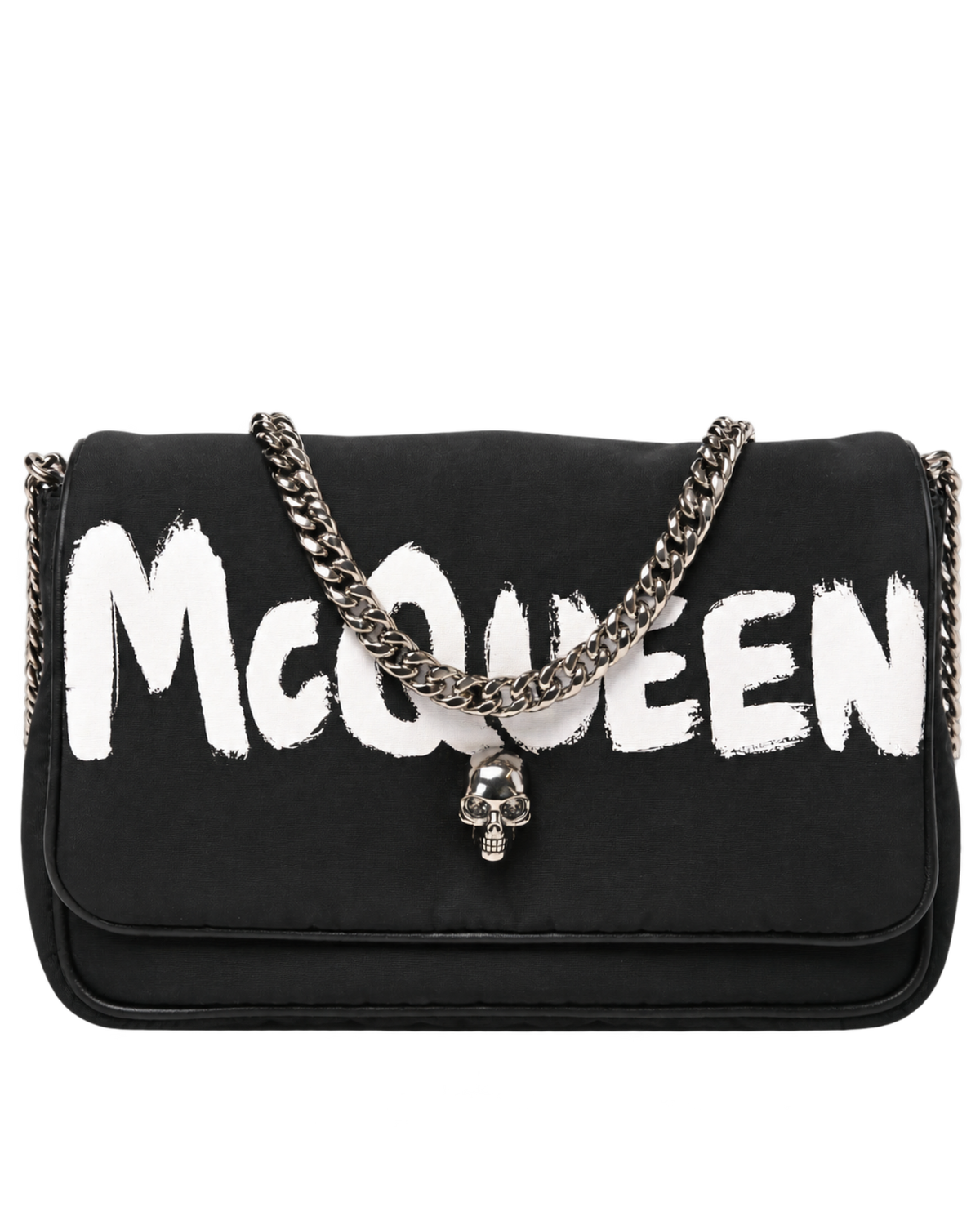 ALEXANDER MCQUEEN Nylon Graffiti Skull Small Crossbody Bag Black White