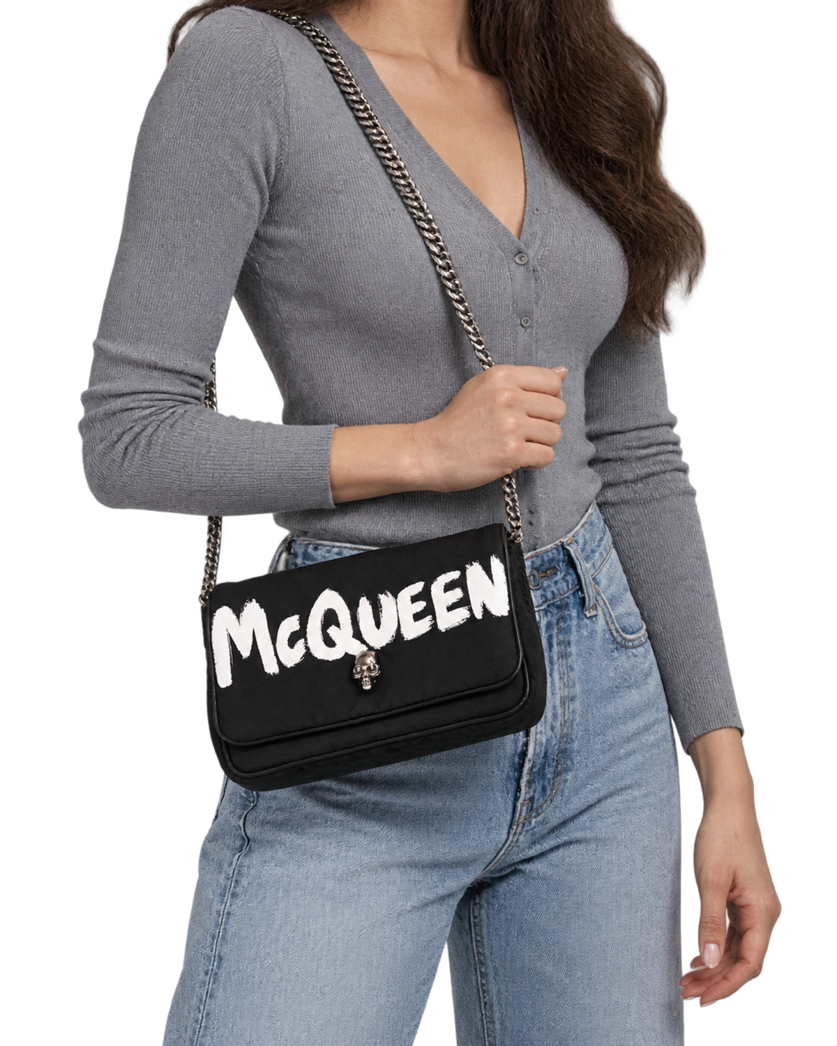ALEXANDER MCQUEEN Nylon Graffiti Skull Small Crossbody Bag Black White