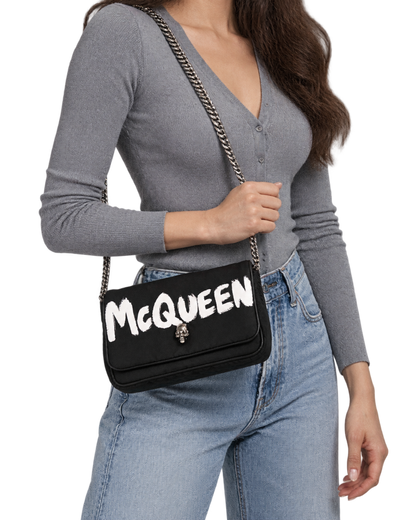 ALEXANDER MCQUEEN Nylon Graffiti Skull Small Crossbody Bag Black White