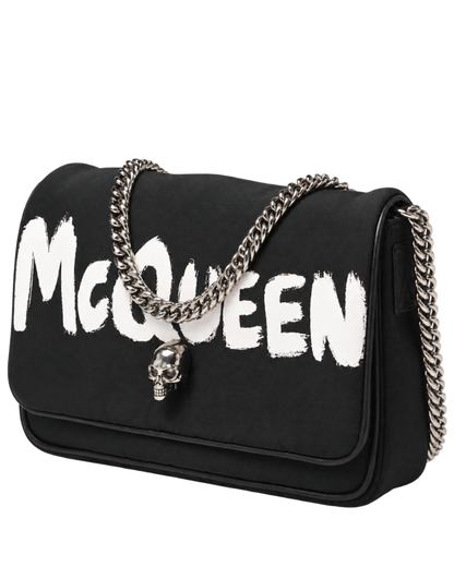 ALEXANDER MCQUEEN Nylon Graffiti Skull Small Crossbody Bag Black White