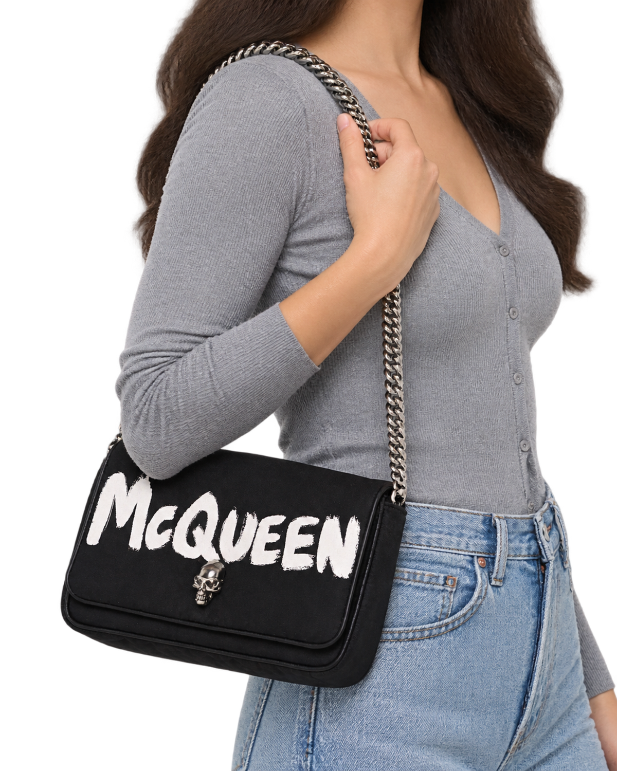 ALEXANDER MCQUEEN Nylon Graffiti Skull Small Crossbody Bag Black White