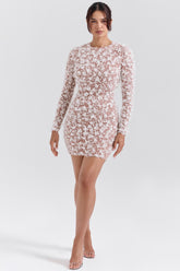 Alize white floral appliqué backless mini bridal gown