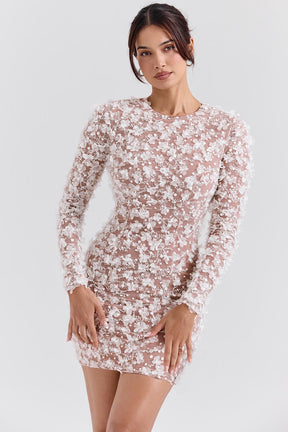 Alize white floral appliqué backless mini bridal gown