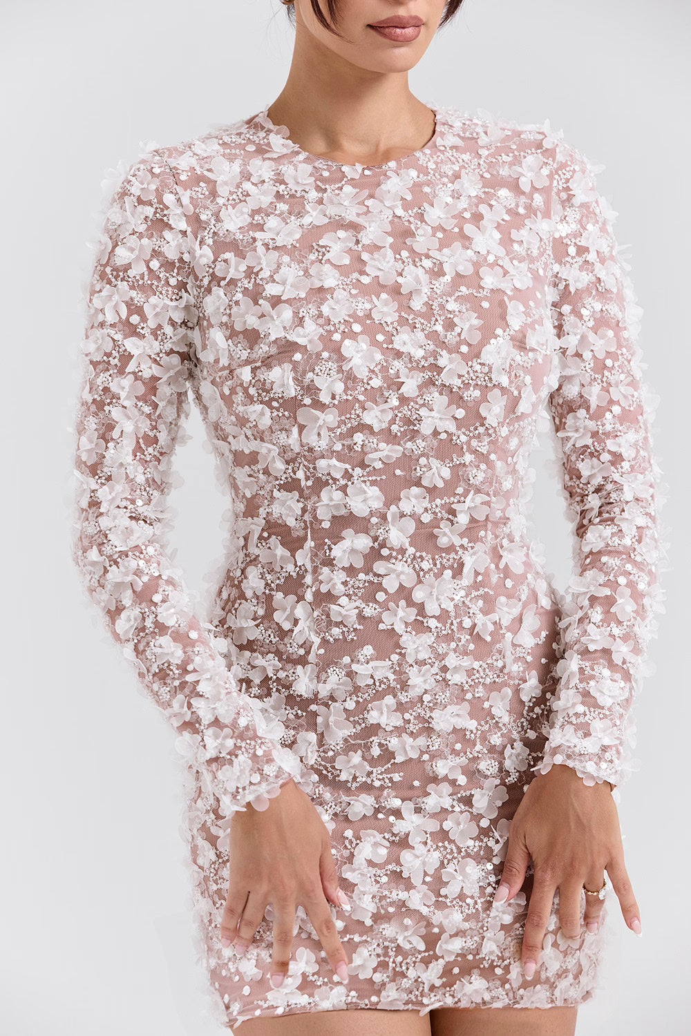 Alize white floral appliqué backless mini bridal gown