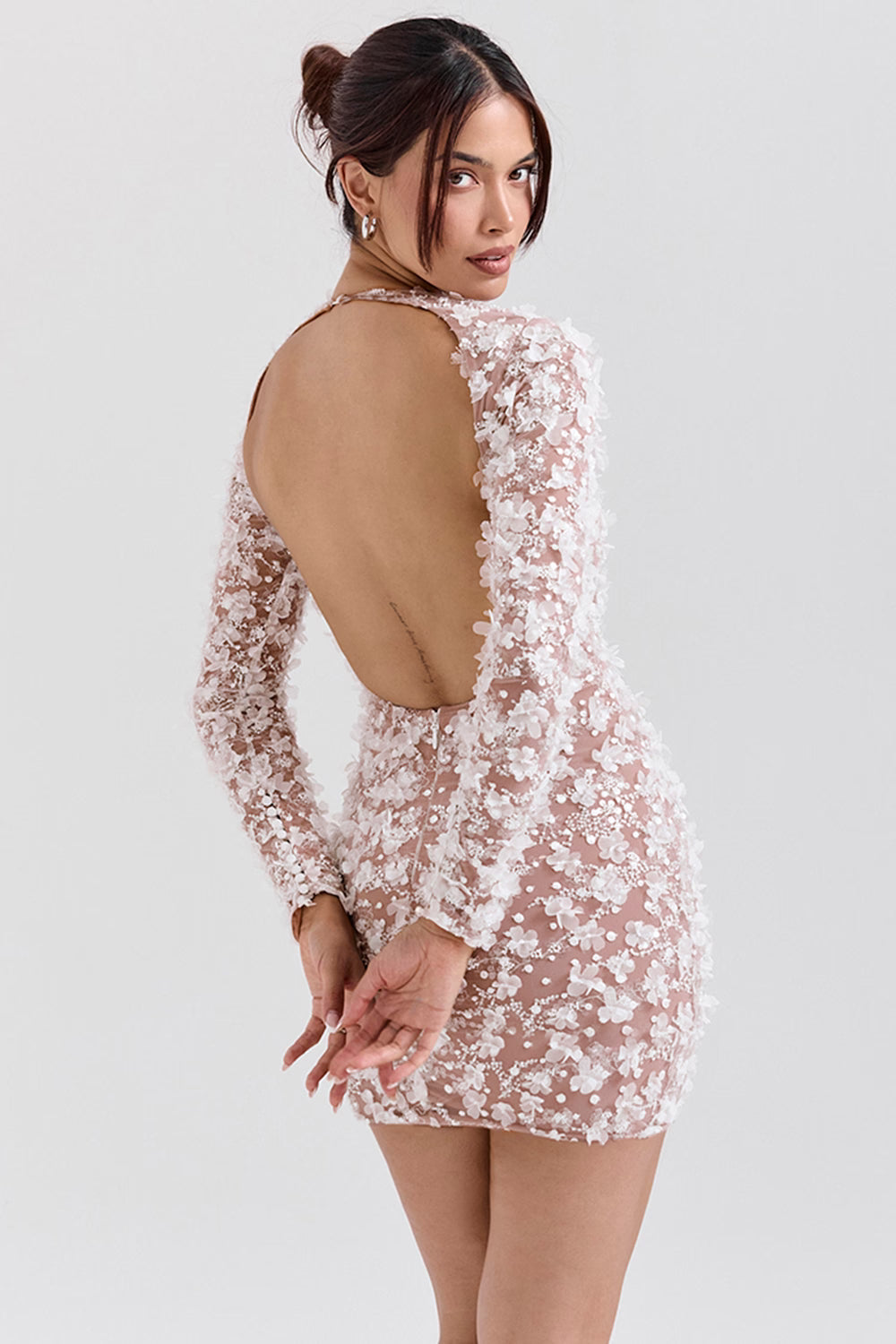 Alize white floral appliqué backless mini bridal gown