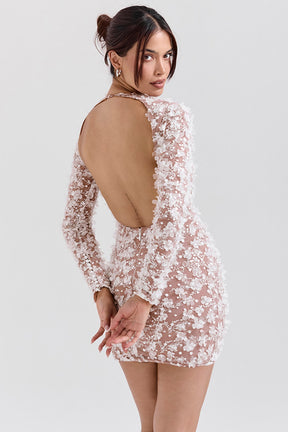 Alize white floral appliqué backless mini bridal gown