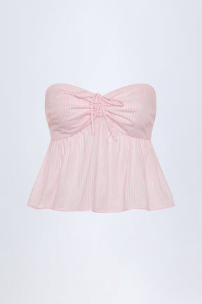 Tie-Front Strapless Cotton-Poplin Crop Top in Pink & White Stripe