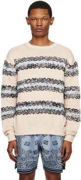 AMIRI Beige Baja Bandana Sweater featuring poplin striped pattern and rib knit crewneck, made in Italy.