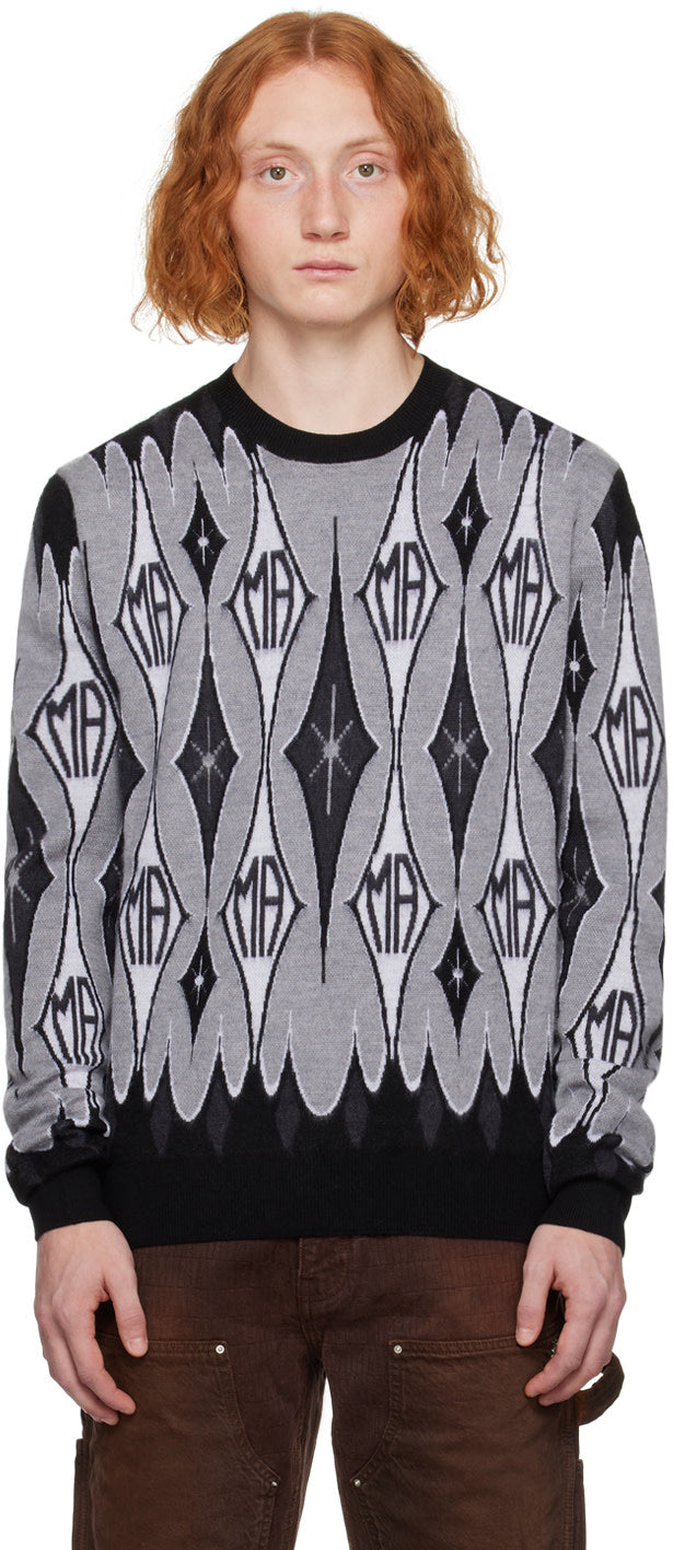 AMIRI black and gray jacquard sweater featuring knit wool, argyle pattern, rib knit crewneck and cuffs, made in Italy.