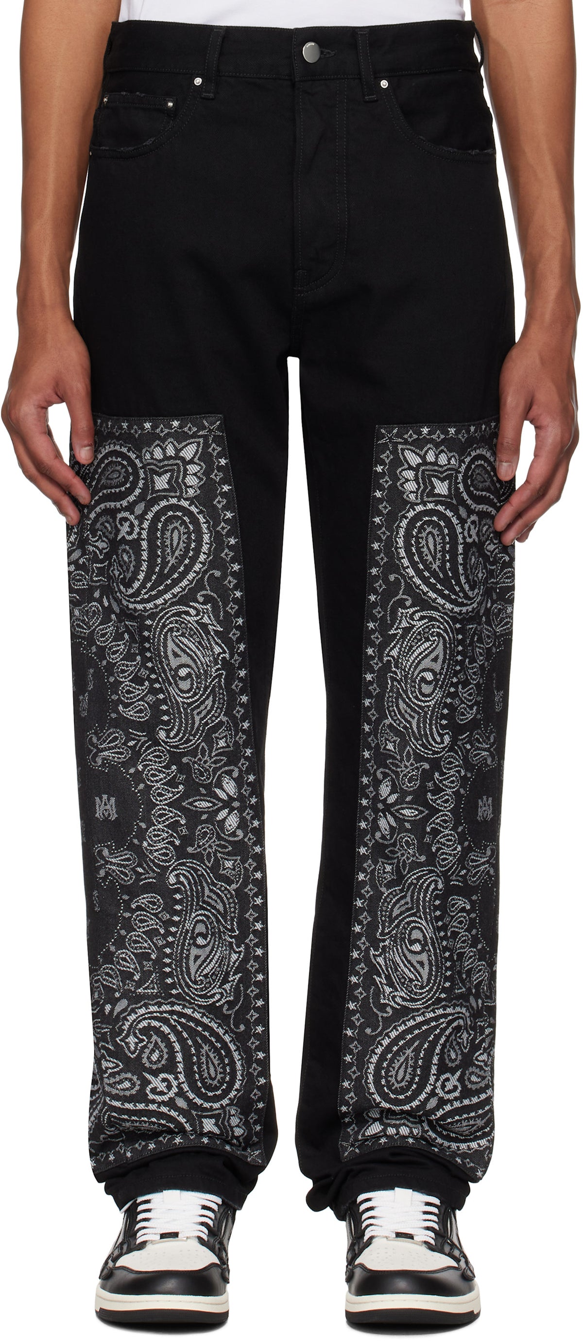 AMIRI Black Bandana Jacquard Paneled Straight Jeans