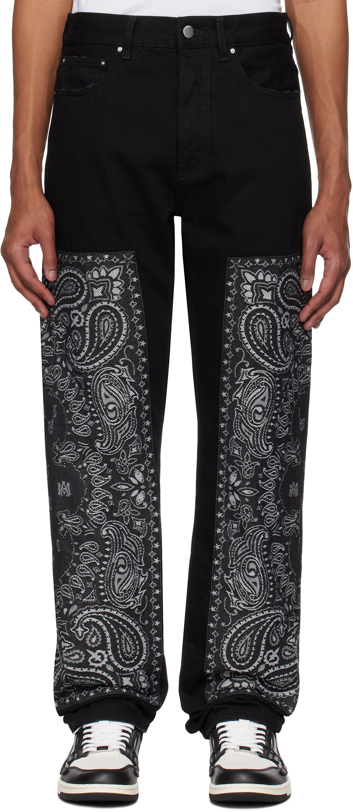 AMIRI Black Bandana Jacquard Paneled Straight Jeans