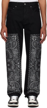 AMIRI Black Bandana Jacquard Paneled Straight Jeans