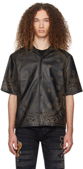 AMIRI black bandana leather shirt featuring laser-cut detailing and printed logo graphic pattern.