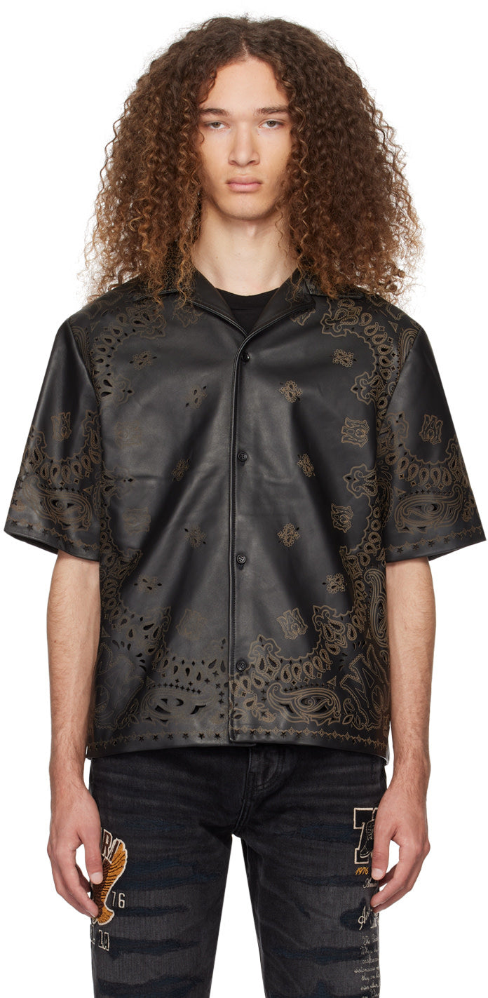 AMIRI black bandana leather shirt featuring laser-cut detailing and printed logo graphic pattern.