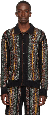 AMIRI black cotton cardigan with rib knit and silk trim, featuring spread collar and button closure, made in Italy.