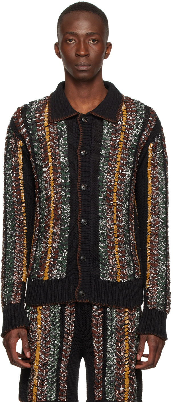 AMIRI black cotton cardigan with rib knit and silk trim, featuring spread collar and button closure, made in Italy.