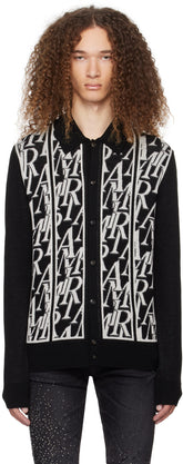 AMIRI Black Repeat Cardigan featuring a jacquard logo pattern and rib knit details, crafted from 100% merino wool.