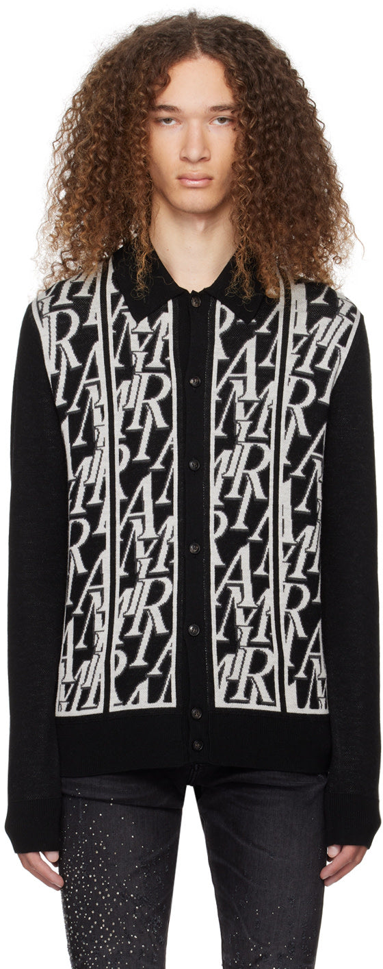 AMIRI Black Repeat Cardigan featuring a jacquard logo pattern and rib knit details, crafted from 100% merino wool.