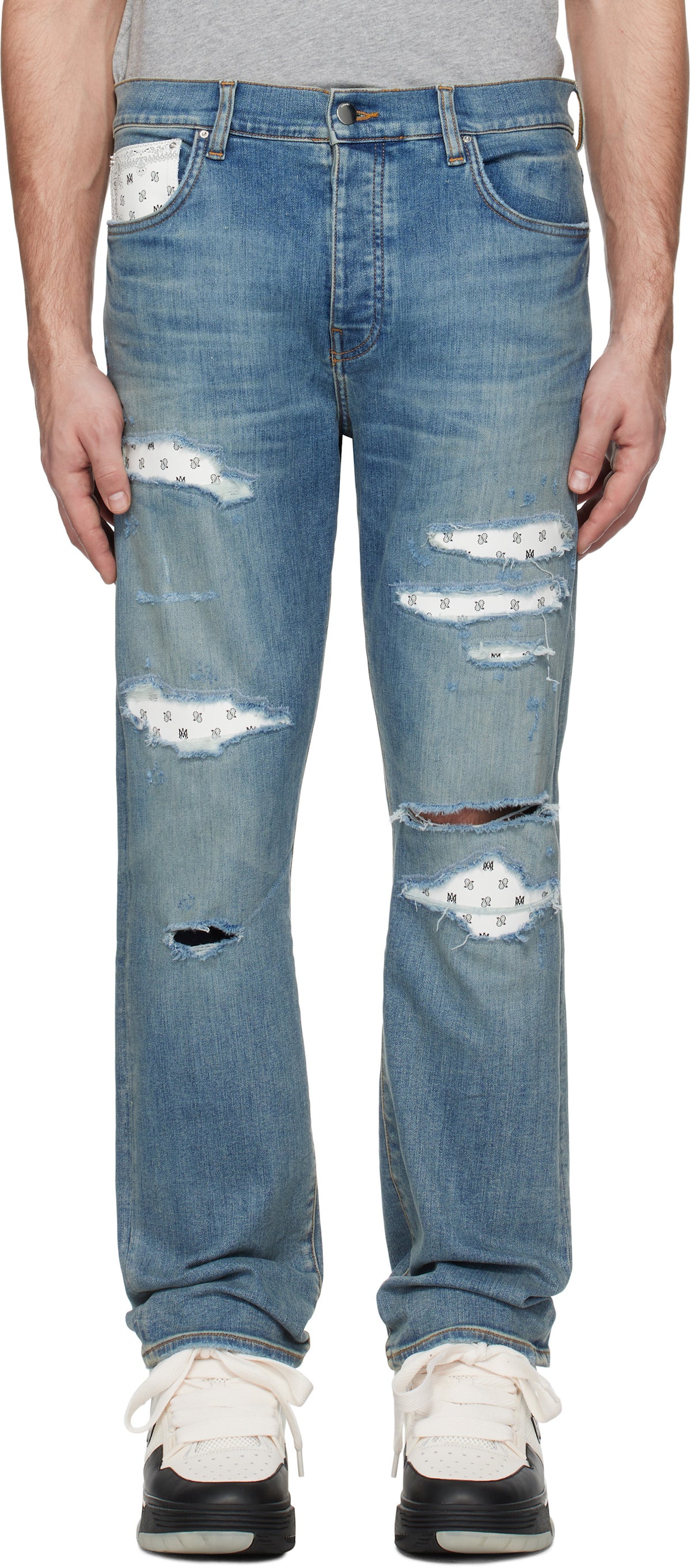 AMIRI Blue Leather Bandana Repaired Slim Jeans