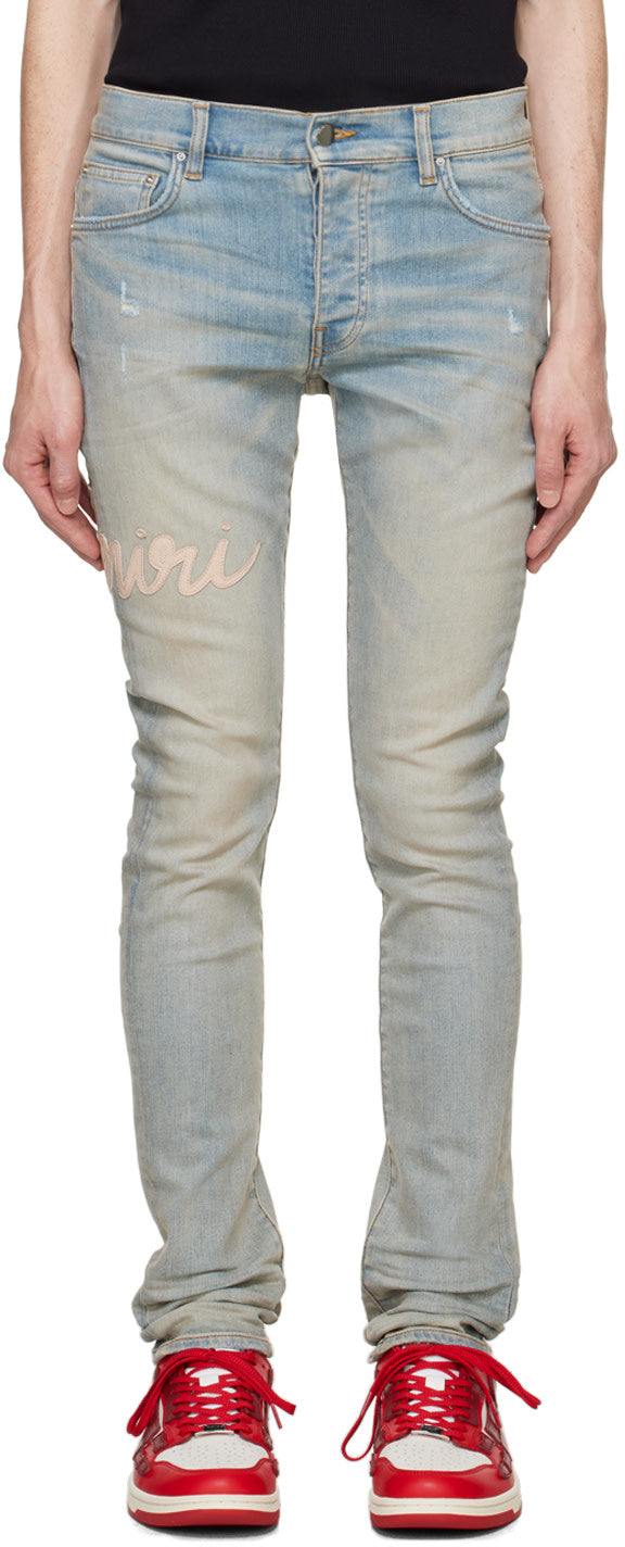 AMIRI Blue Script Logo Skinny Jeans