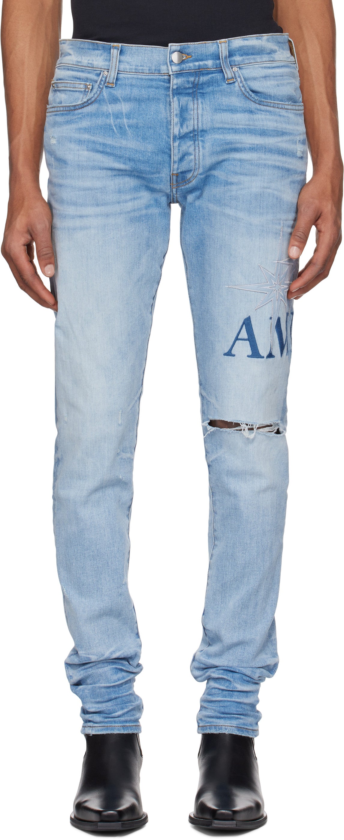 AMIRI Blue Starburst Appliqué Skinny Jeans