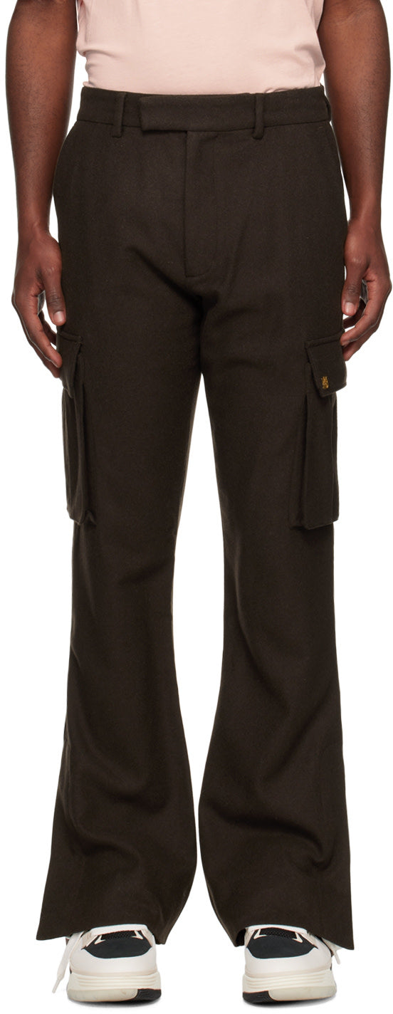 AMIRI brown flare cargo pants made from wool-blend melton featuring four-pocket styling and logo hardware.