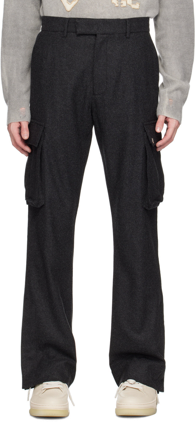 AMIRI gray flared cargo pants made of wool-blend with four-pocket styling and concealed button vent at cuffs.