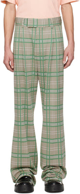 AMIRI green double pleat trousers in wide-leg stretch nylon-blend with check pattern and four-pocket styling.