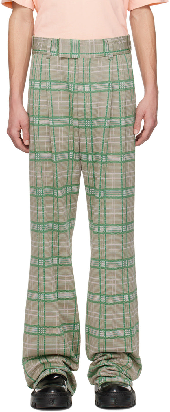AMIRI green double pleat trousers in wide-leg stretch nylon-blend with check pattern and four-pocket styling.