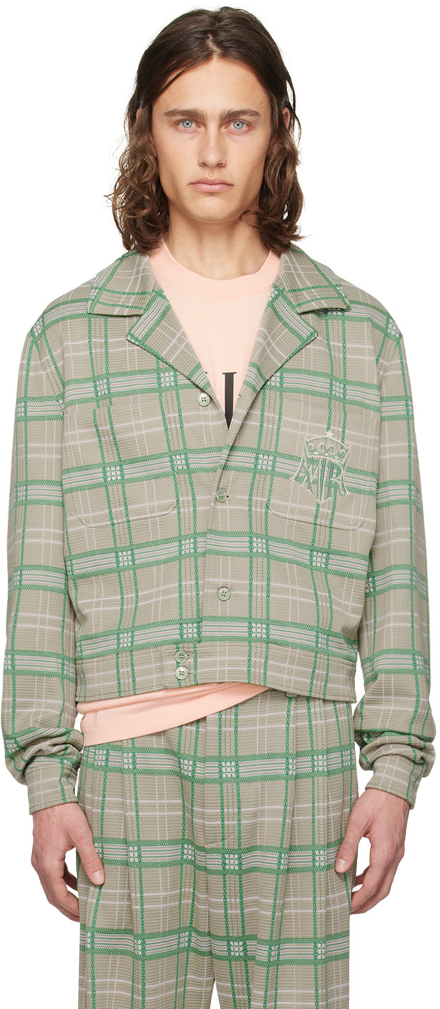 AMIRI green plaid jacket featuring a check pattern, notched lapel, button closure, and embroidered logo on the patch pocket.
