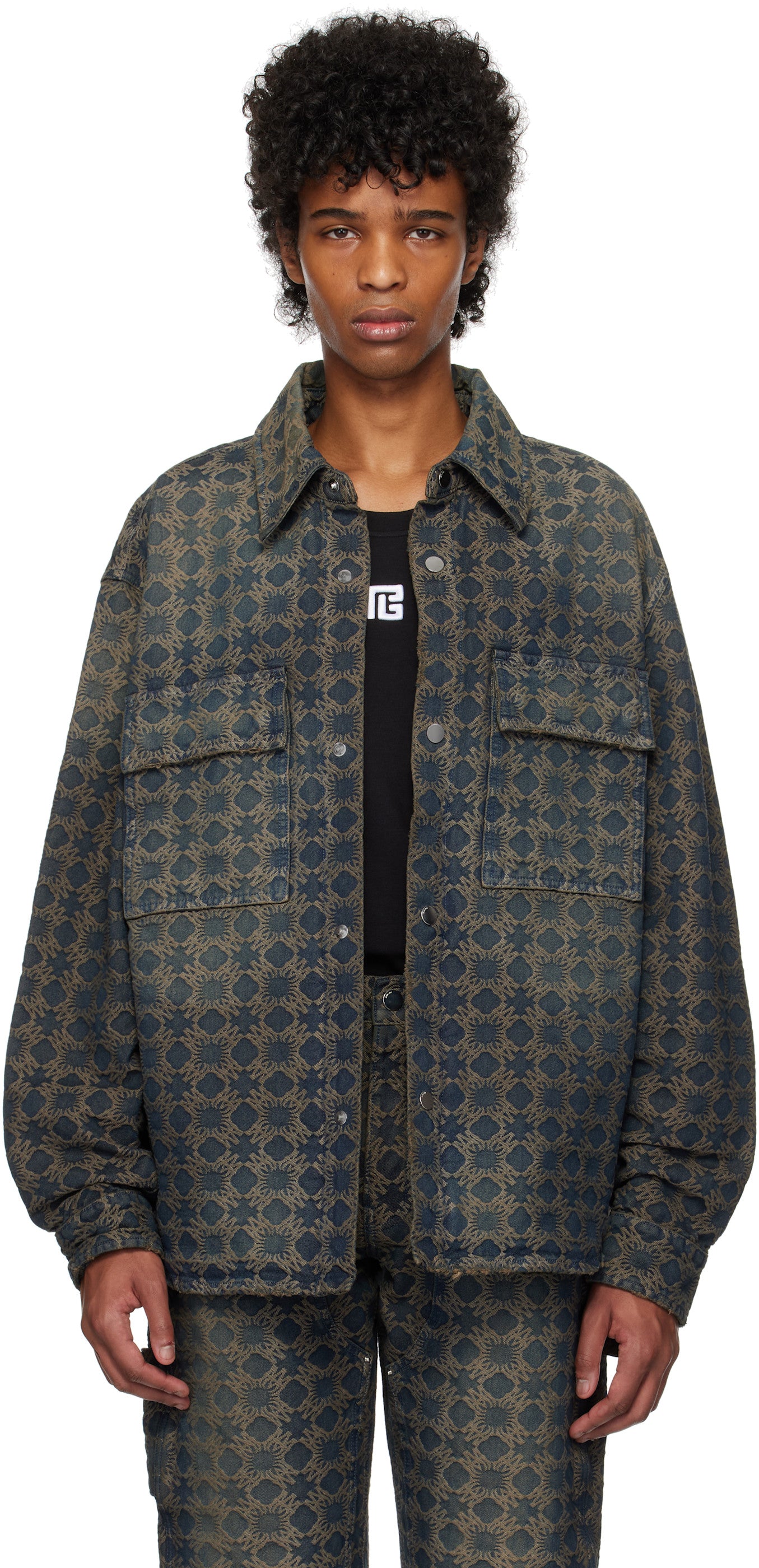 AMIRI Navy & Tan MA Quad Jacquard Denim Overshirt