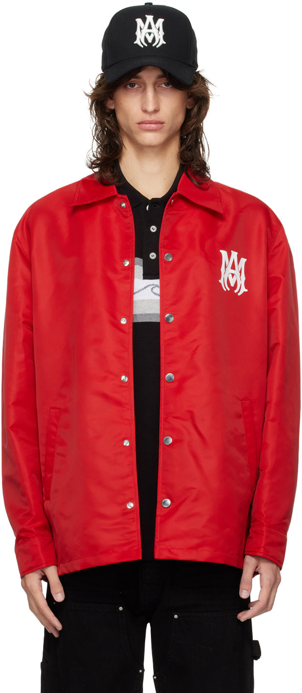 AMIRI red padded 'MA' jacket with logo, water-resistant nylon twill, spread collar and press-stud closure.