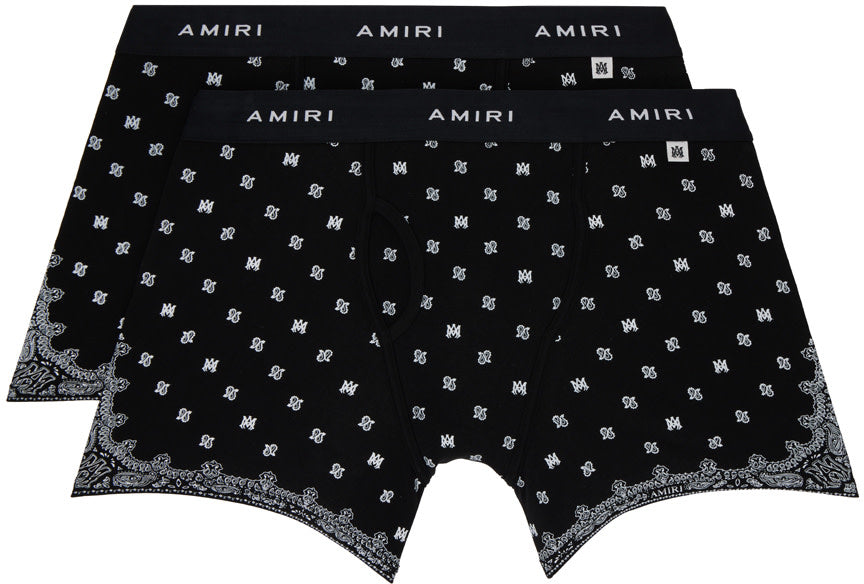 AMIRI two-pack black boxer briefs with paisley graphic pattern and logo waistband made of stretchy cotton jersey.