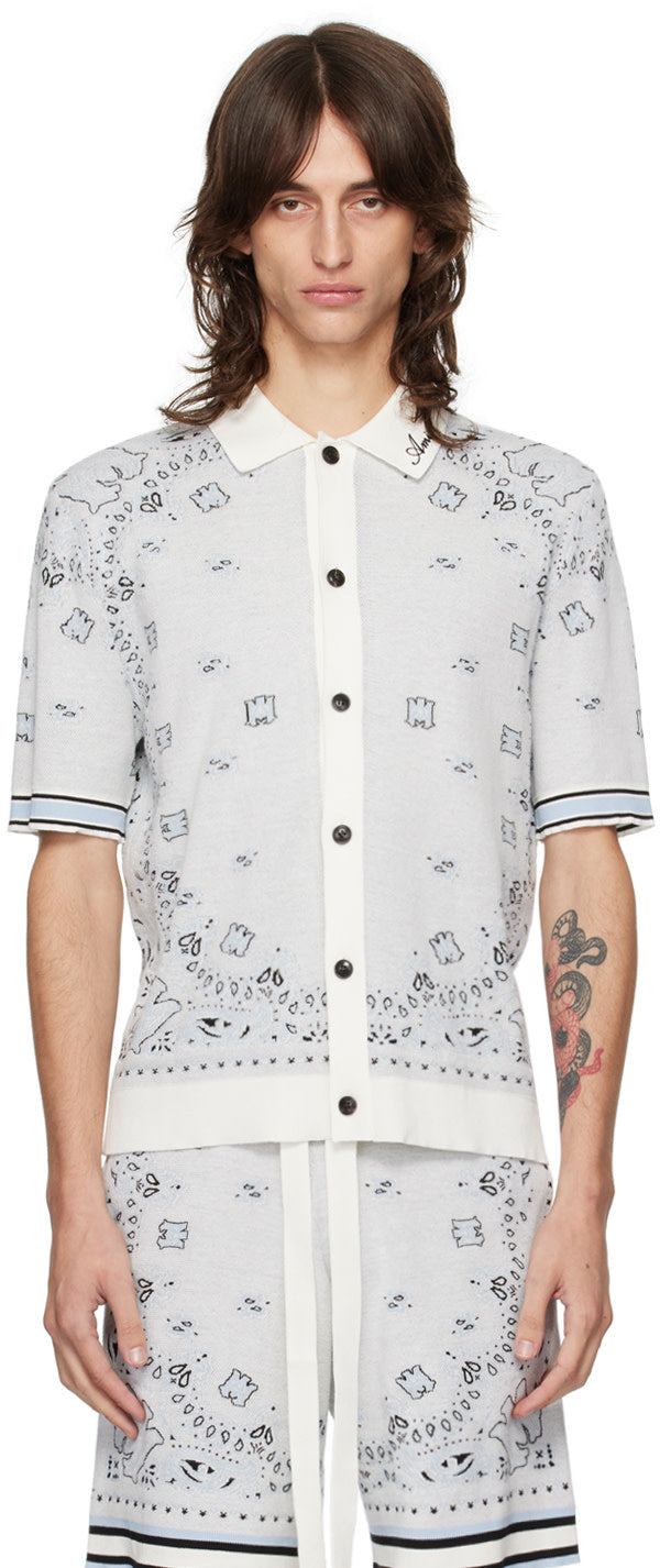 AMIRI white and blue bandana shirt made of knit cotton with jacquard graphic pattern and embroidered logo collar