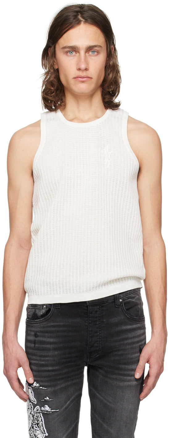 AMIRI White Waffle Tank Top in summer sand, semi-sheer cotton-blend with rib knit details and logo embroidery.