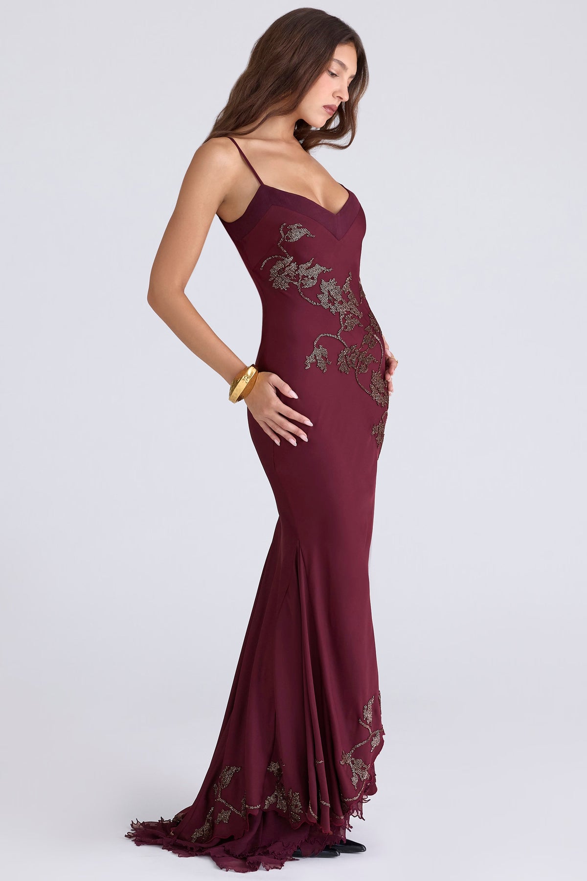 Anastelle plum hand beaded embellished satin maxi gown - limited edition